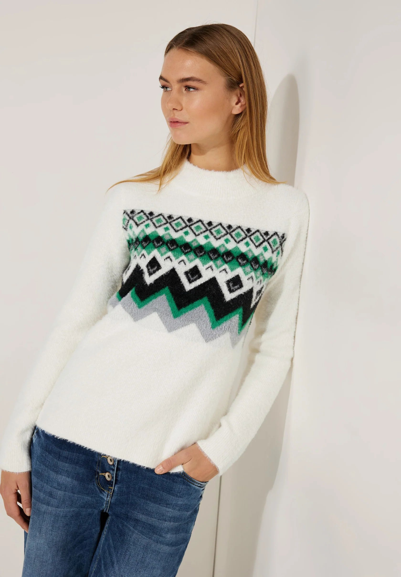 302609- Jacquard Pullover Grey/Green/Black - Cecil