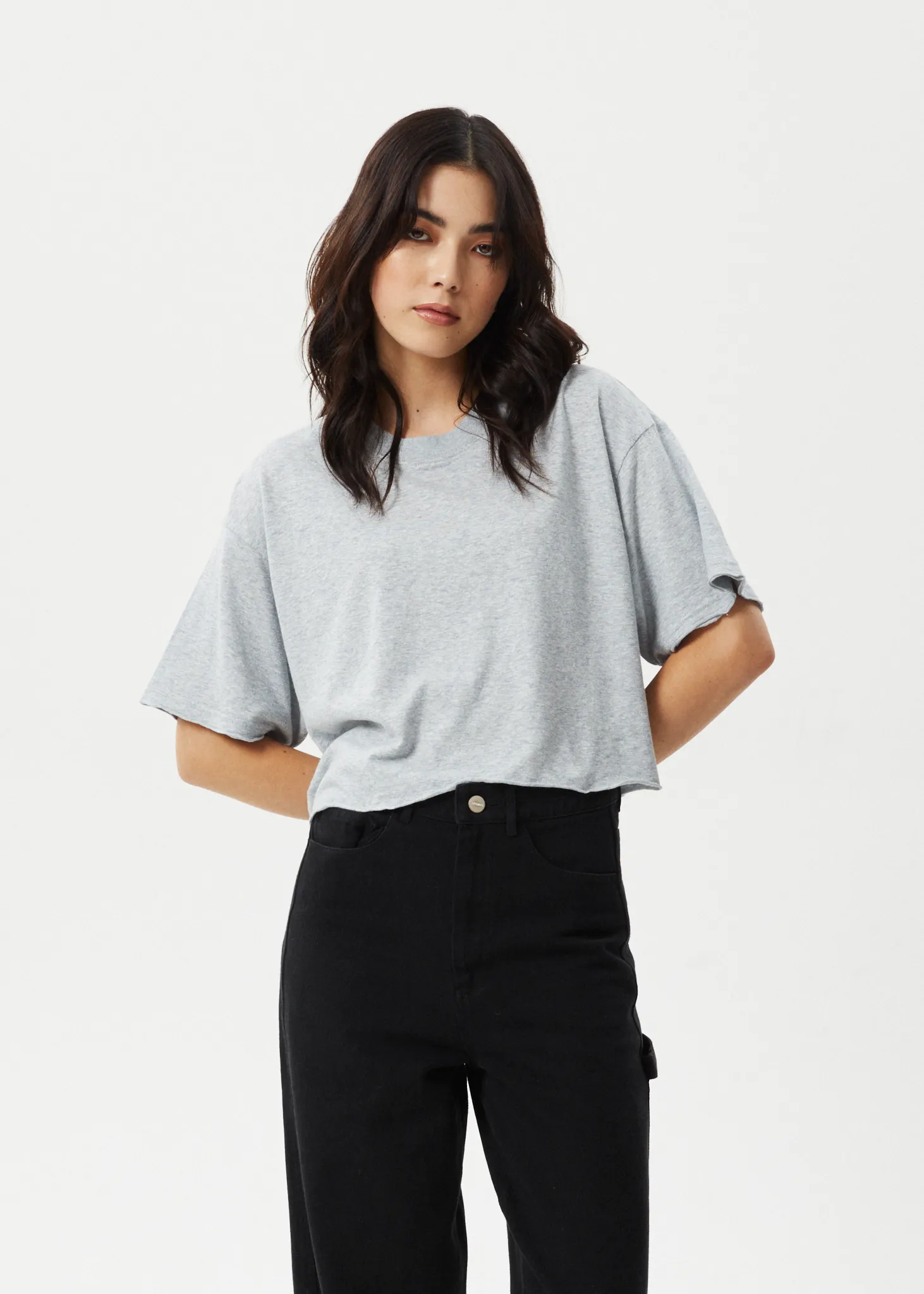 AFENDS Womens Slay Cropped - Oversized Tee - Shadow Grey Marle