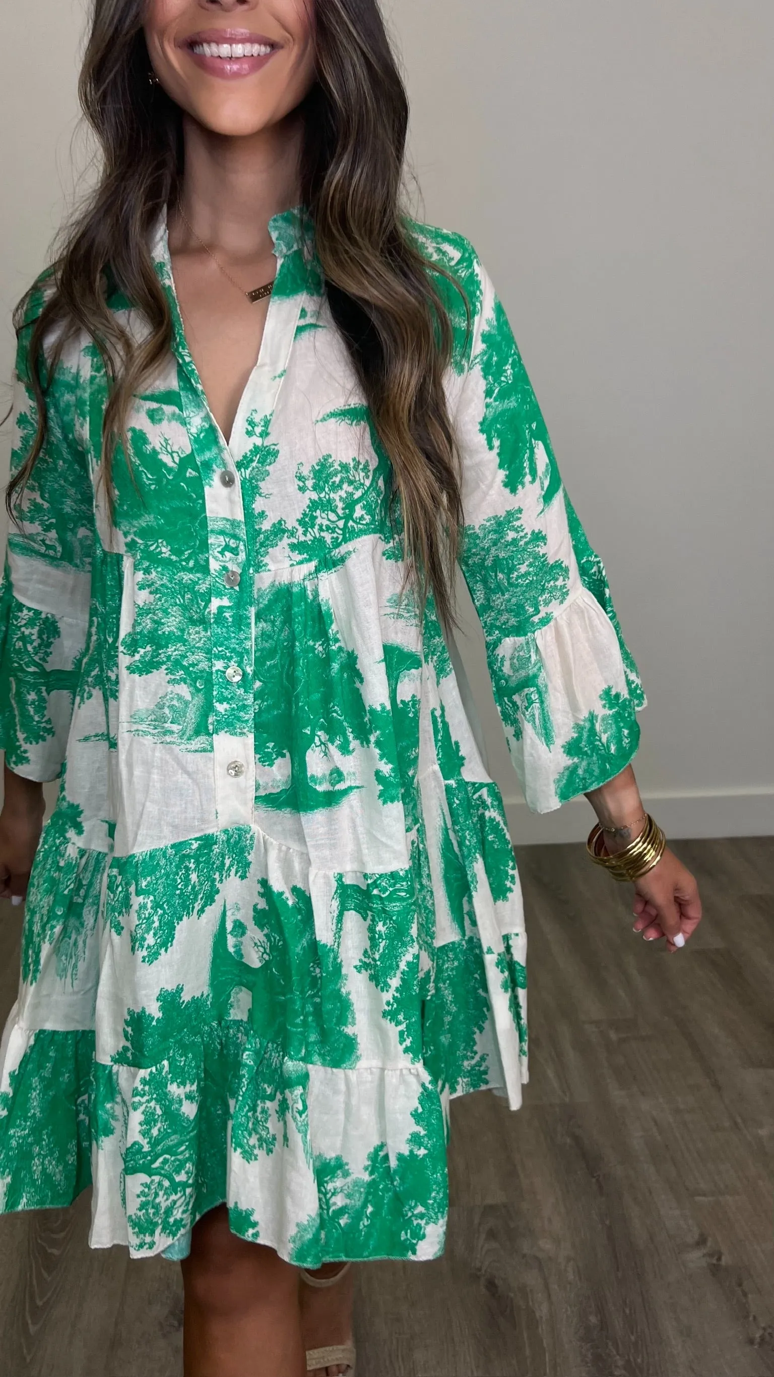 Albi Green And White Mini Lino Swing Dress