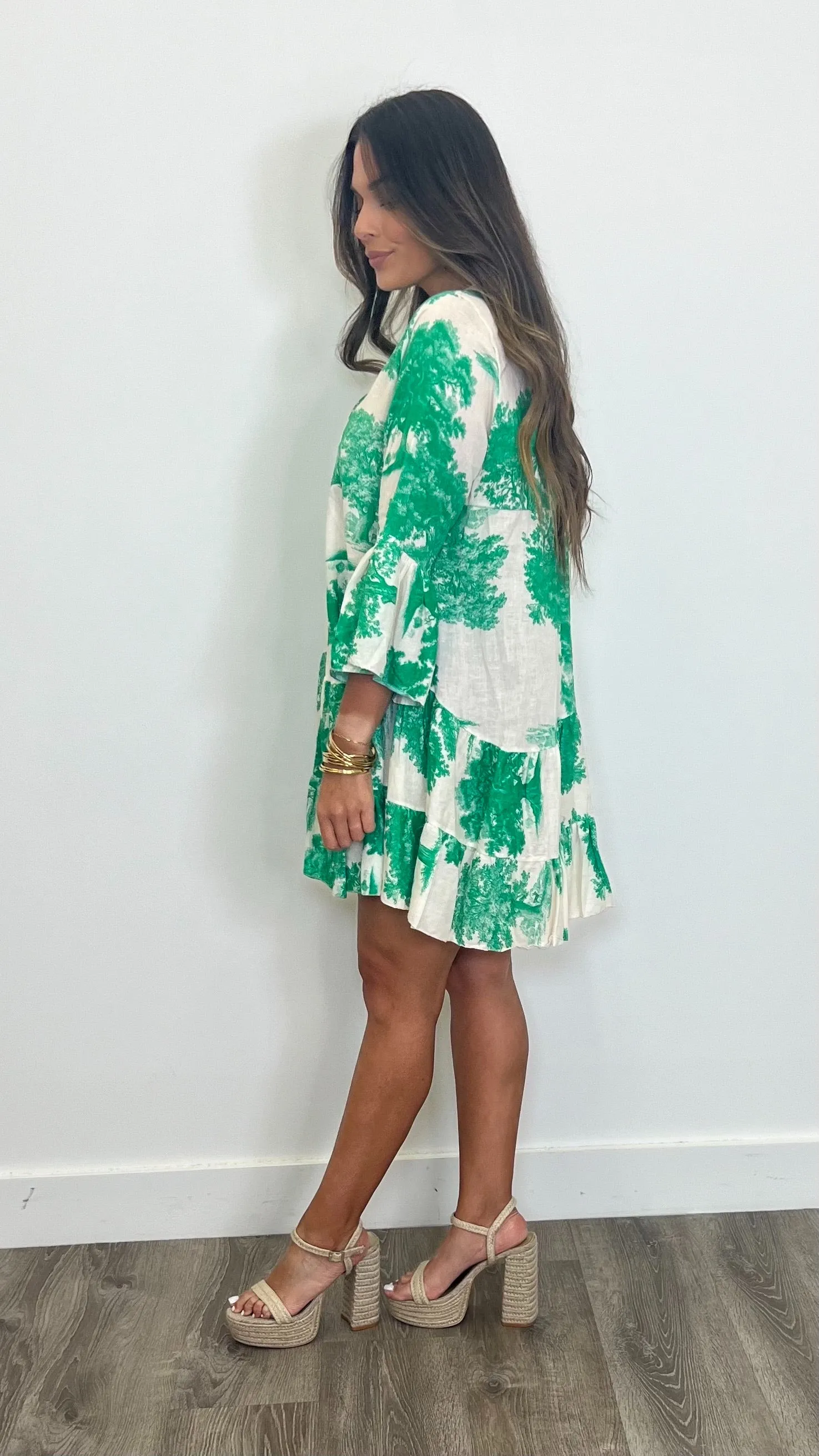 Albi Green And White Mini Lino Swing Dress