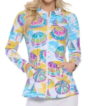 Aryeh Marcia Ruffle Neck Umbrella Print Zip Jacket In Multi/purple/blue