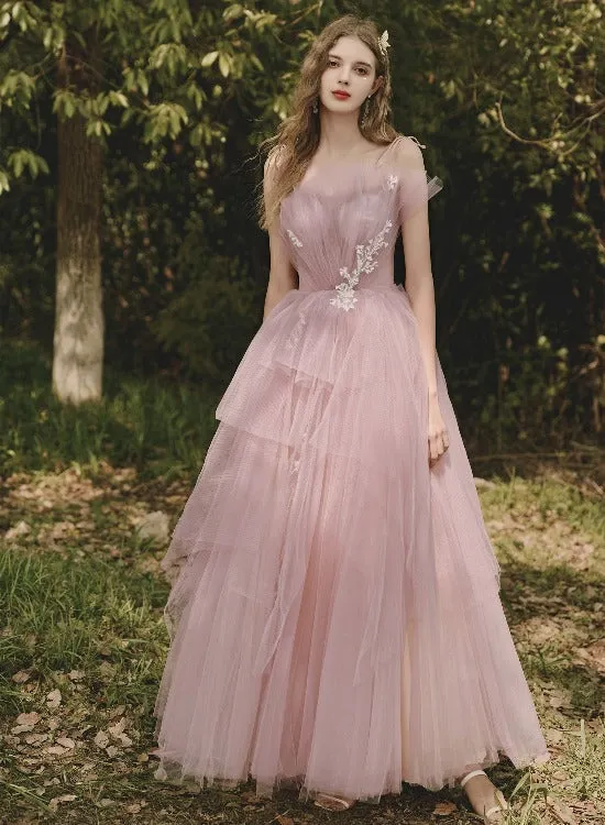 Beautiful Pink Tulle Long Formal Gown Sweet 16 Dress, Pink Lovely Party Dresses