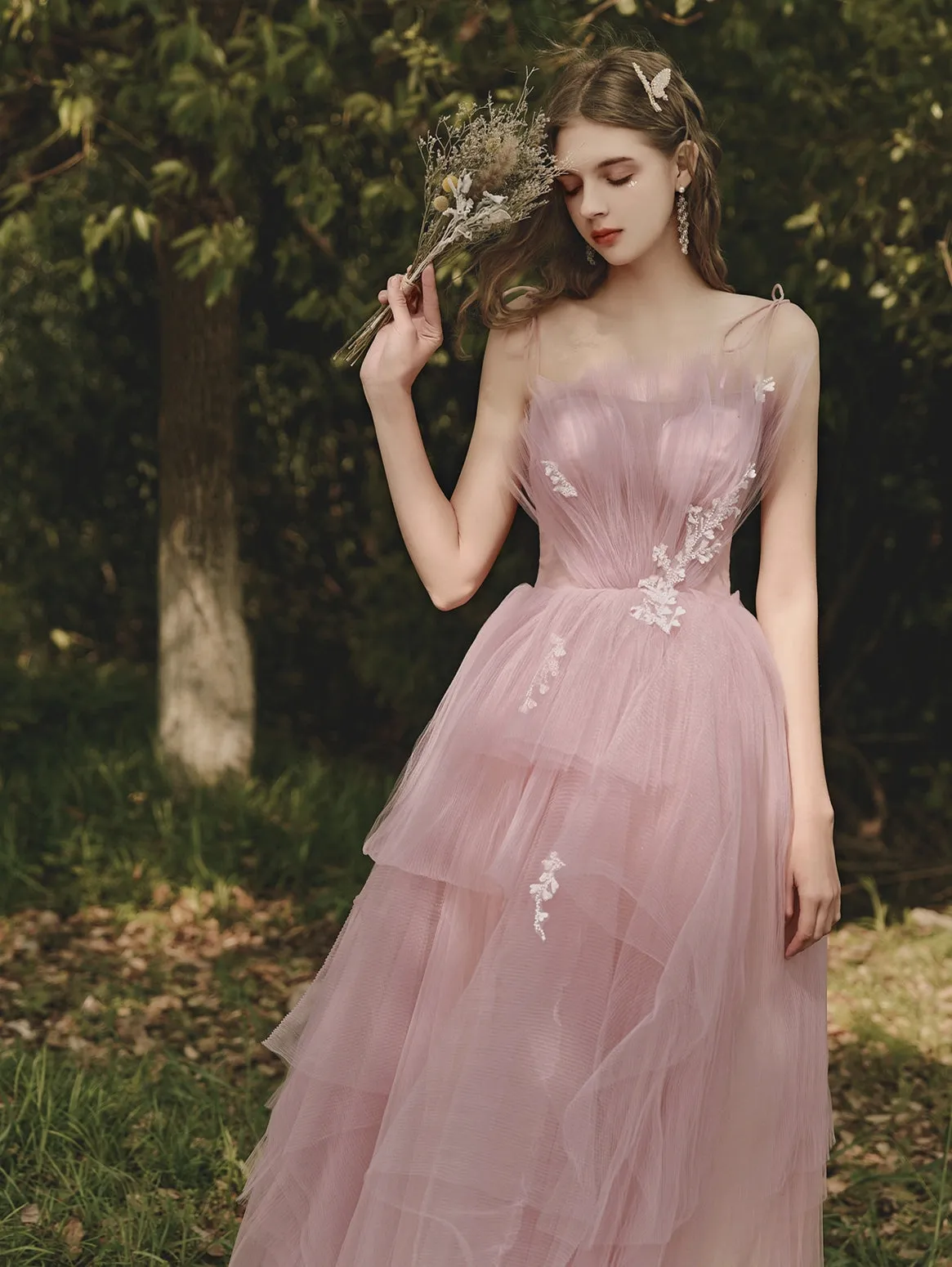 Beautiful Pink Tulle Long Formal Gown Sweet 16 Dress, Pink Lovely Party Dresses