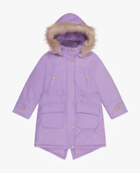 BIG GIRLS ZIP-FRONT MID CINCH QUILTED PARKA WITH FUR TRIMMED HOOD