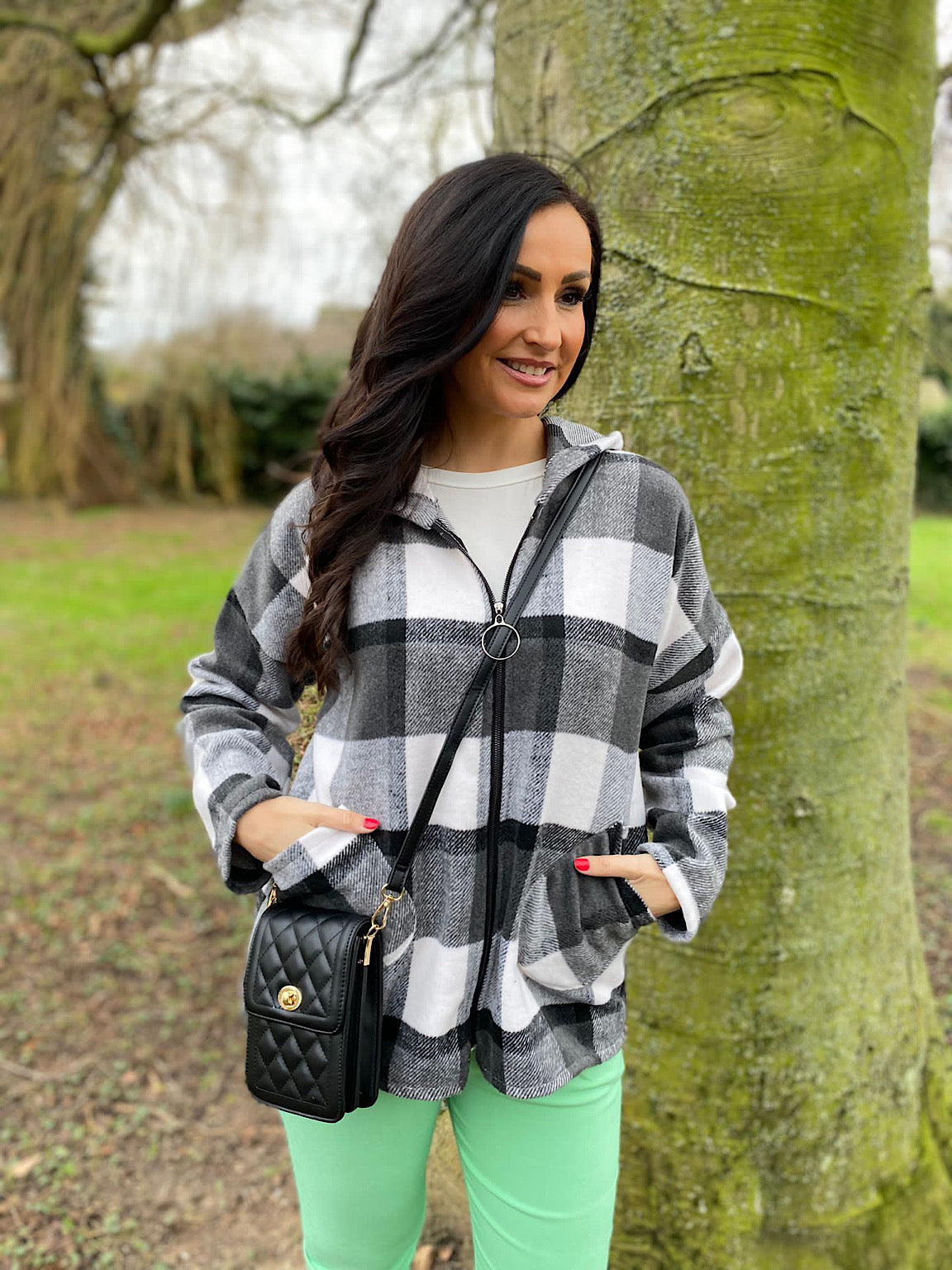 Black Checked Hooded Coat Adriana