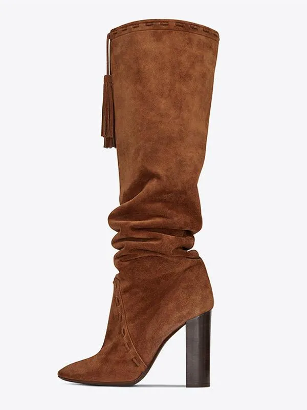 Brown Slouch Boots Suede Chunky Heel Knee-High Boots