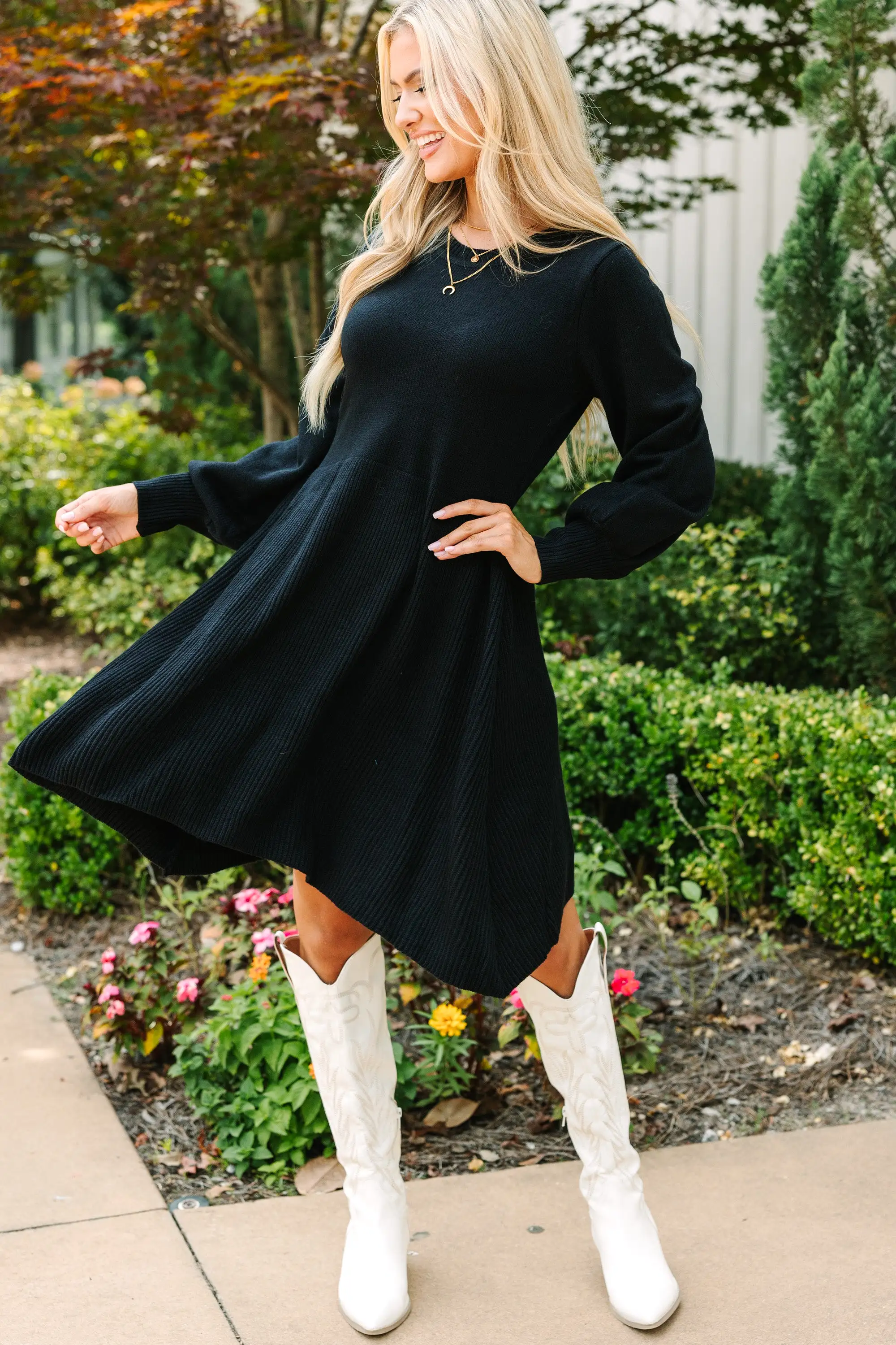 Catch Yourself Black Bubble Sleeve Sweater Dress