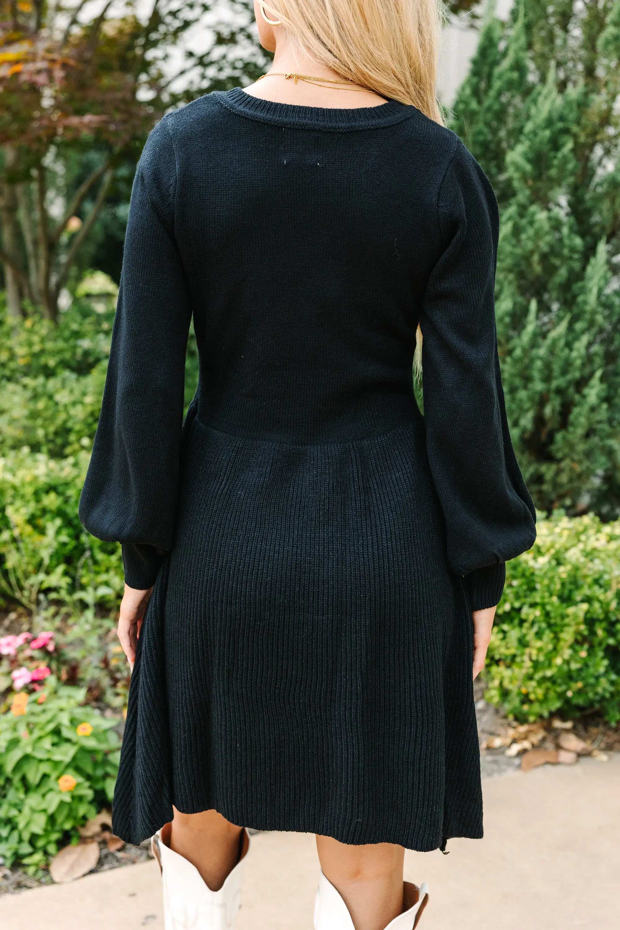 Catch Yourself Black Bubble Sleeve Sweater Dress