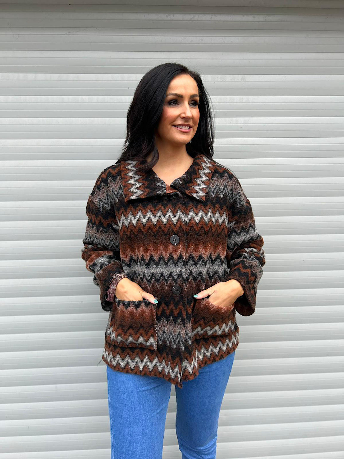 Chocolate Zig Zag Print Pocket Coat Claudia