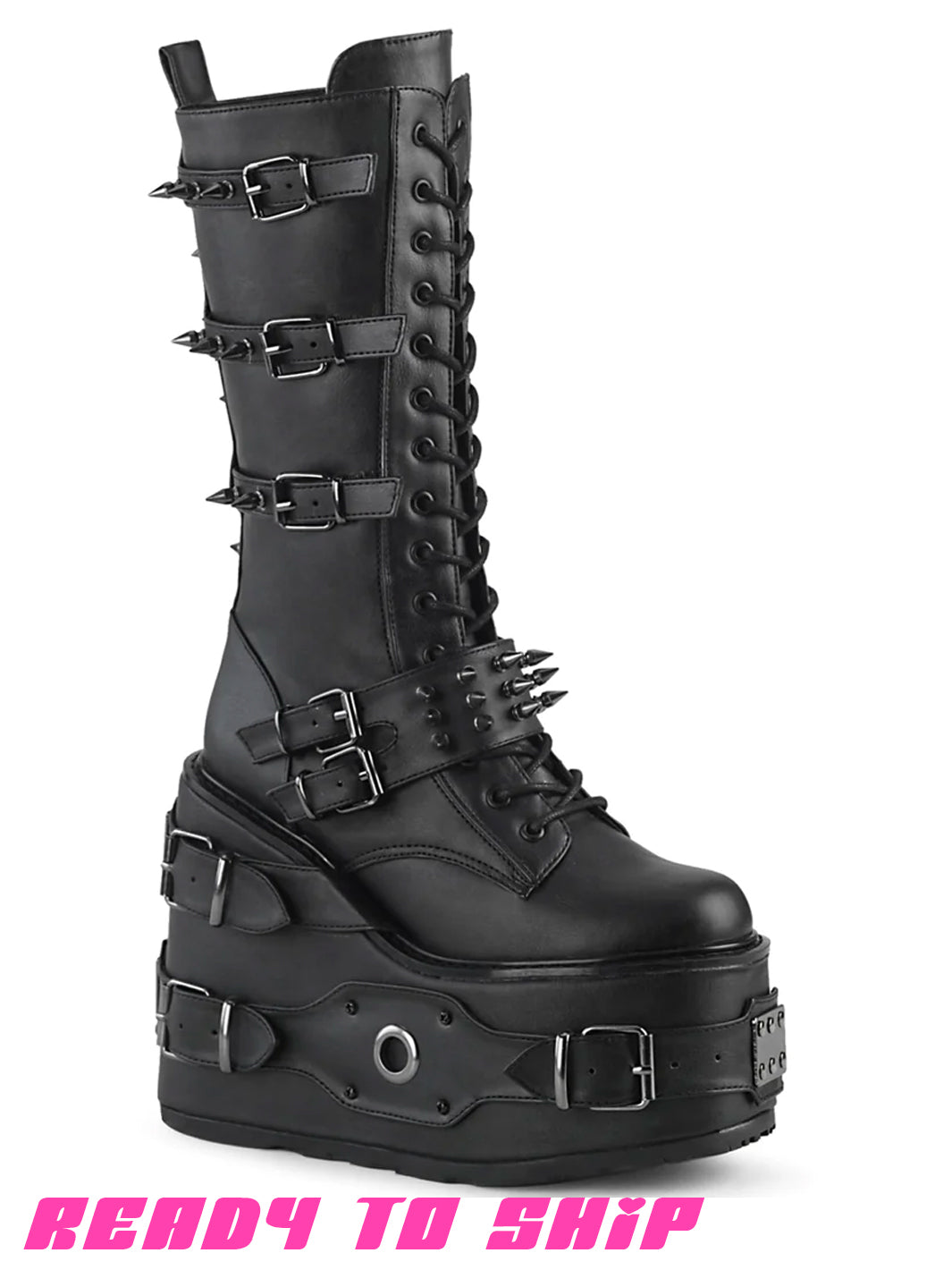 DEMONIA SWING 327 PLATFORM BOOTS - BLACK VEGAN LEATHER