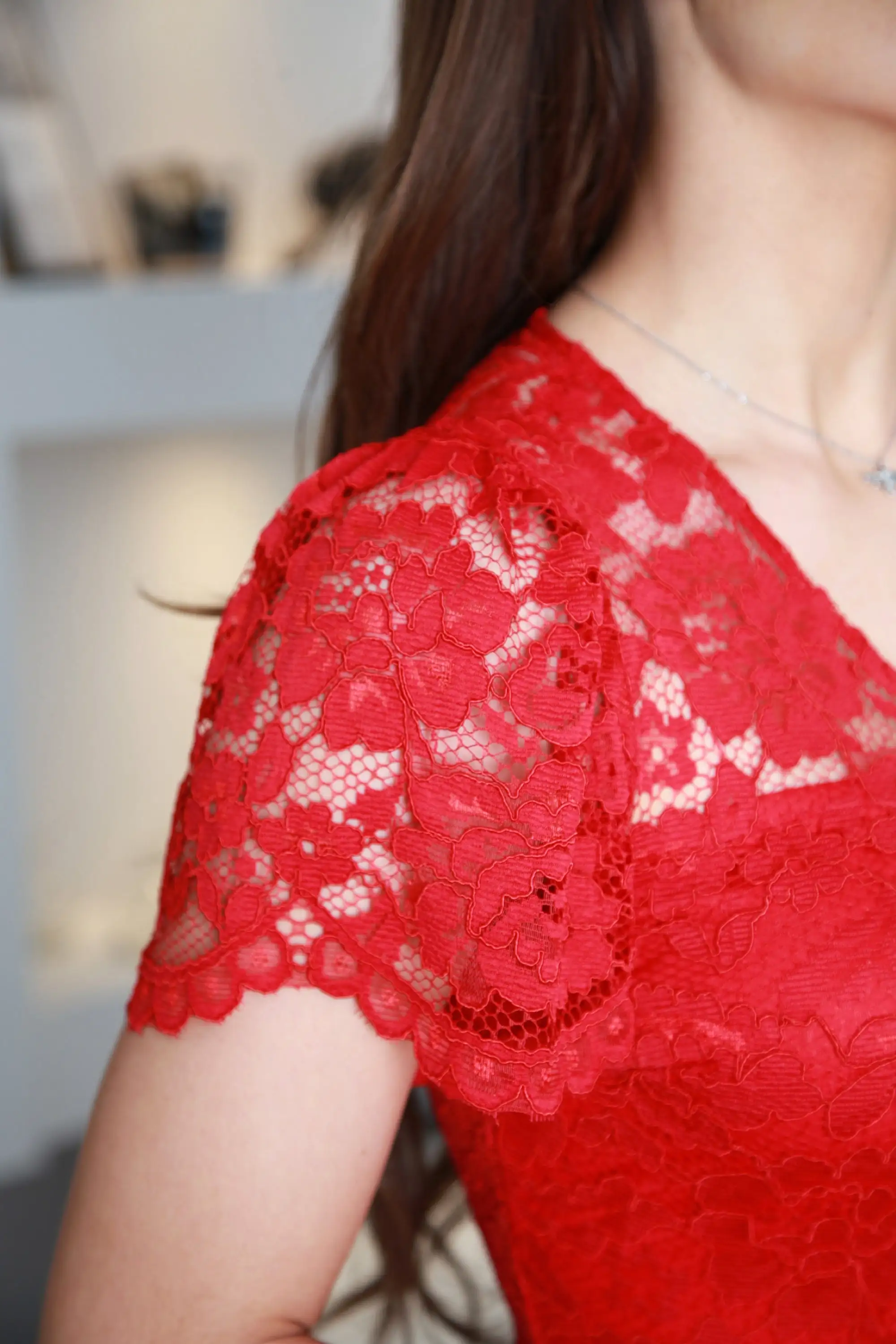 Double Second Red Lace Tea Sleeve Dress