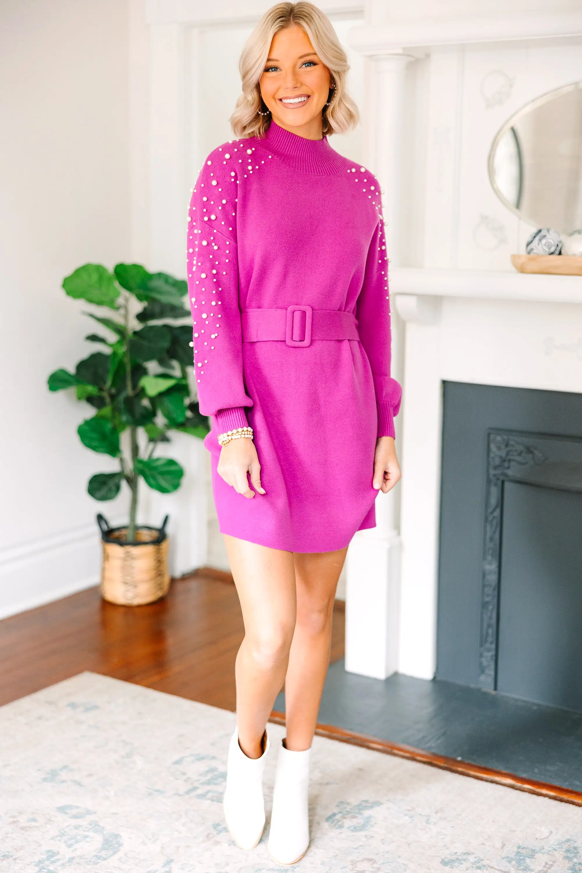 Fate: Living Is Easy Magenta Pink Embellished Sweater Dress