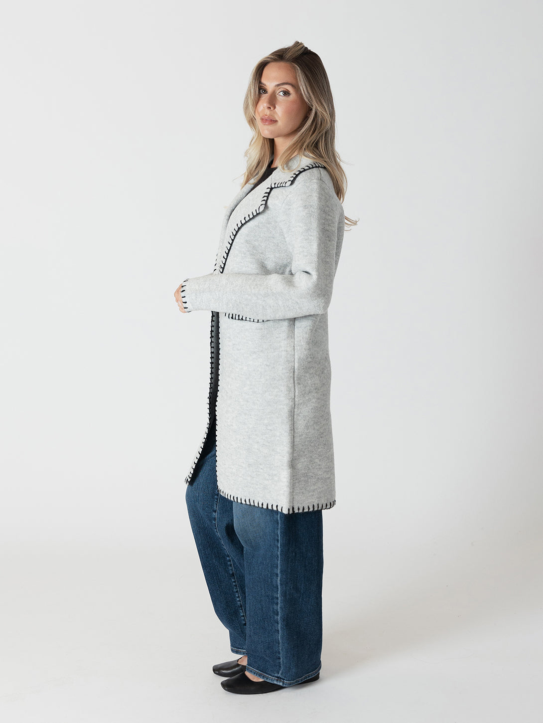 Fiona Whip Stitch Tailored Knit Coat - Light Grey