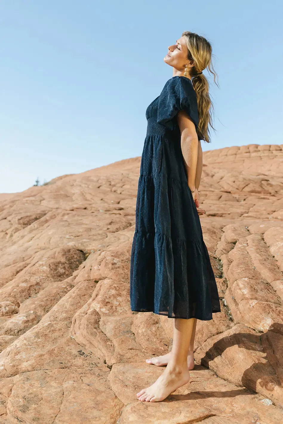 Floral Embroidered Puff Sleeve Dress in Navy - FINAL SALE