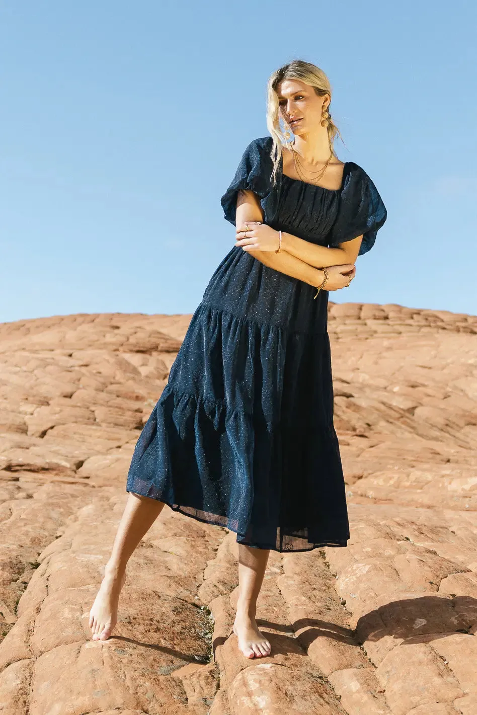 Floral Embroidered Puff Sleeve Dress in Navy - FINAL SALE