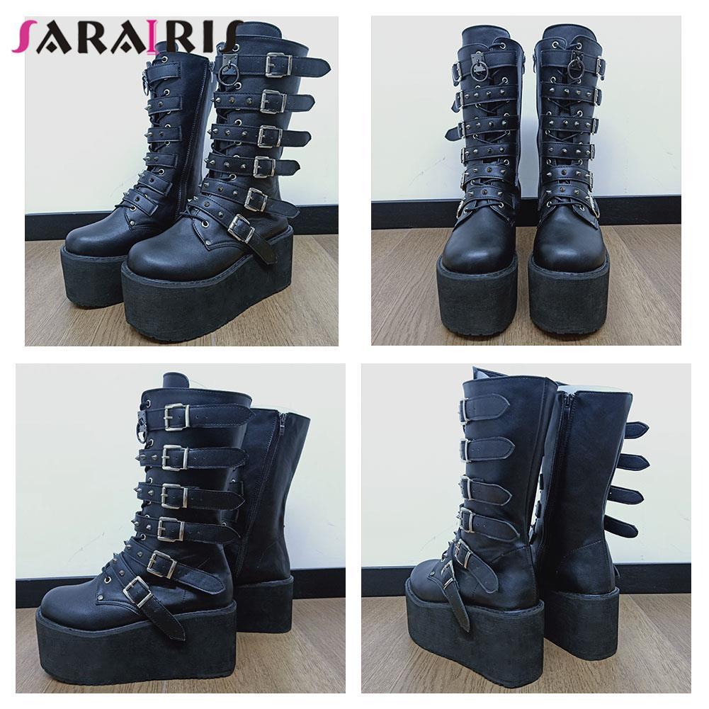 Gothic Punk Mid Calf Boots For Women With Platform Bottom Wedges