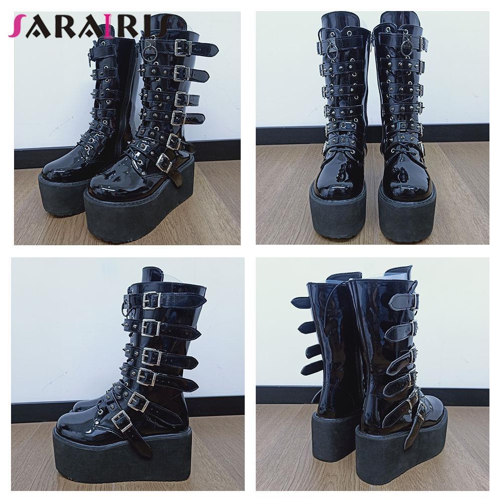 Gothic Punk Mid Calf Boots For Women With Platform Bottom Wedges