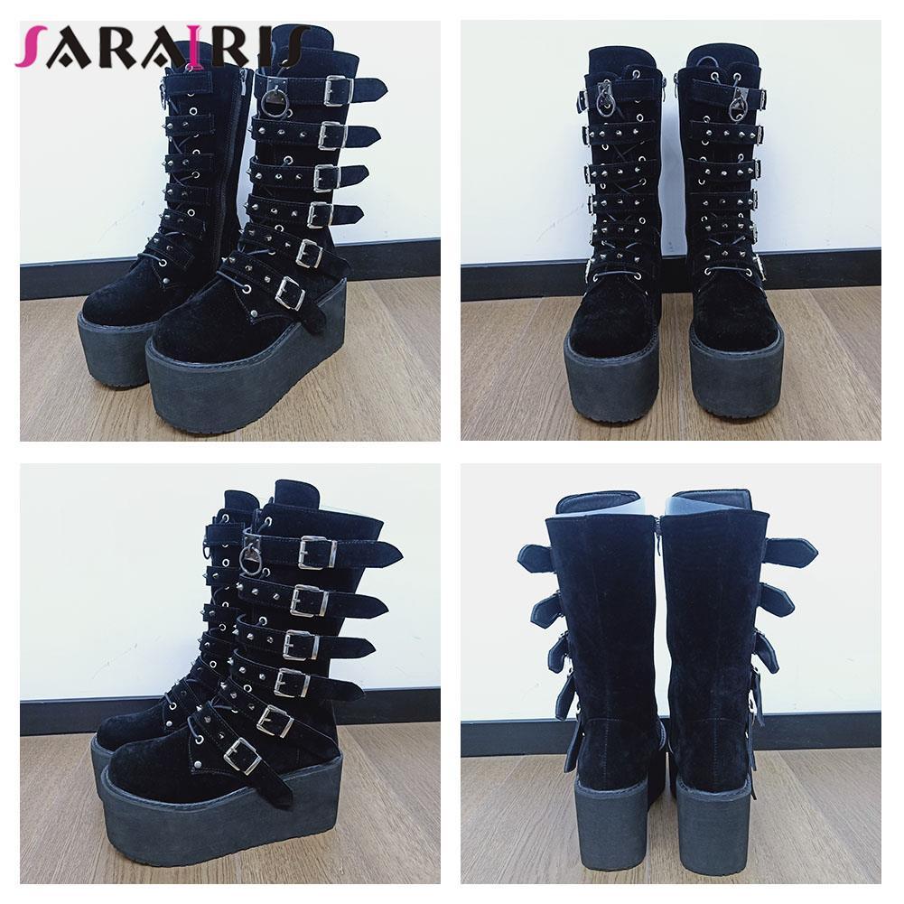 Gothic Punk Mid Calf Boots For Women With Platform Bottom Wedges