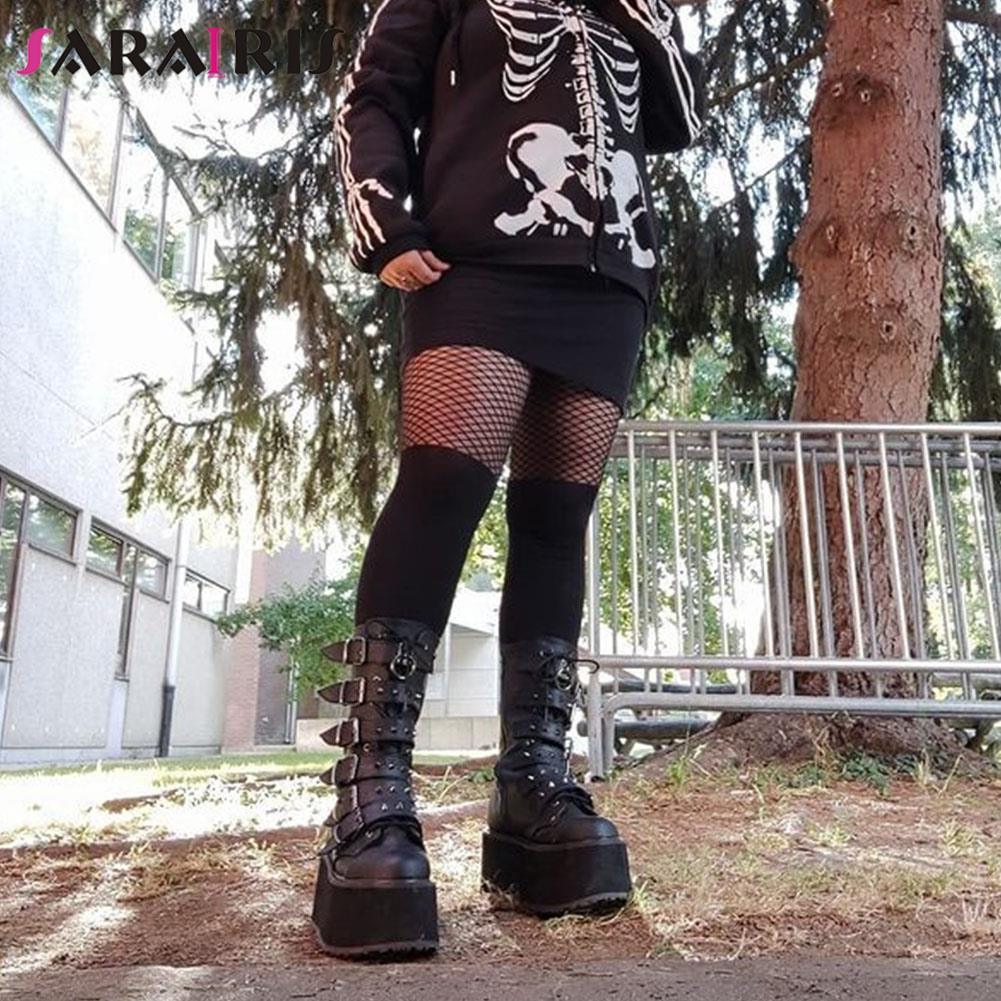 Gothic Punk Mid Calf Boots For Women With Platform Bottom Wedges