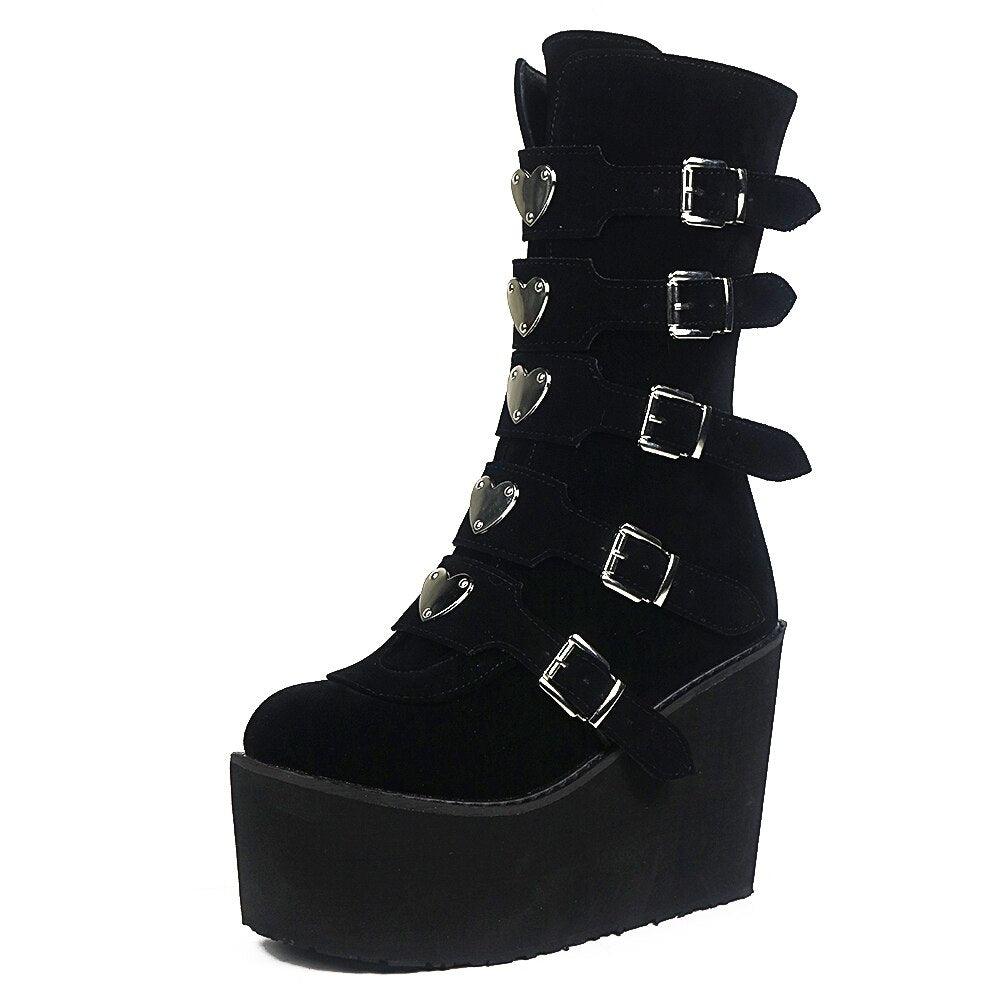 Gothic Punk Mid Calf Boots For Women With Platform Bottom Wedges