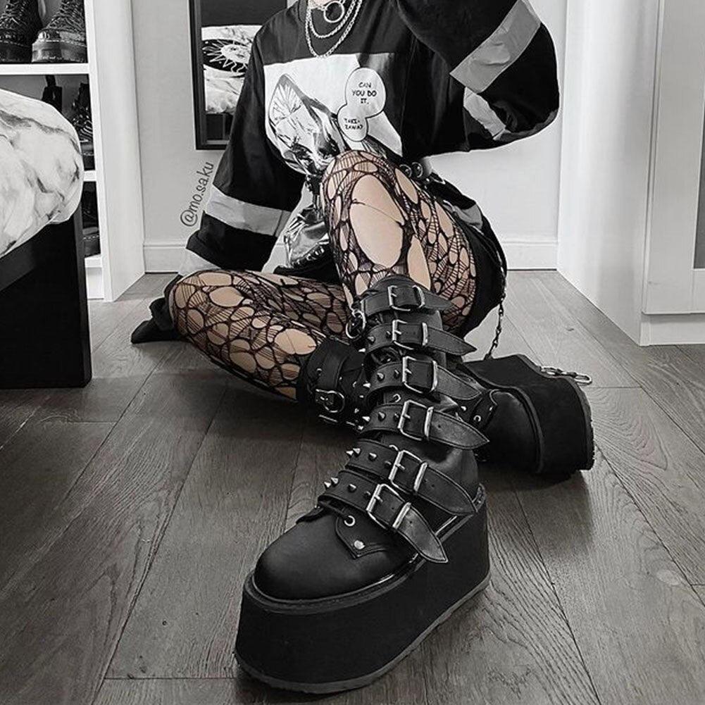 Gothic Punk Mid Calf Boots For Women With Platform Bottom Wedges