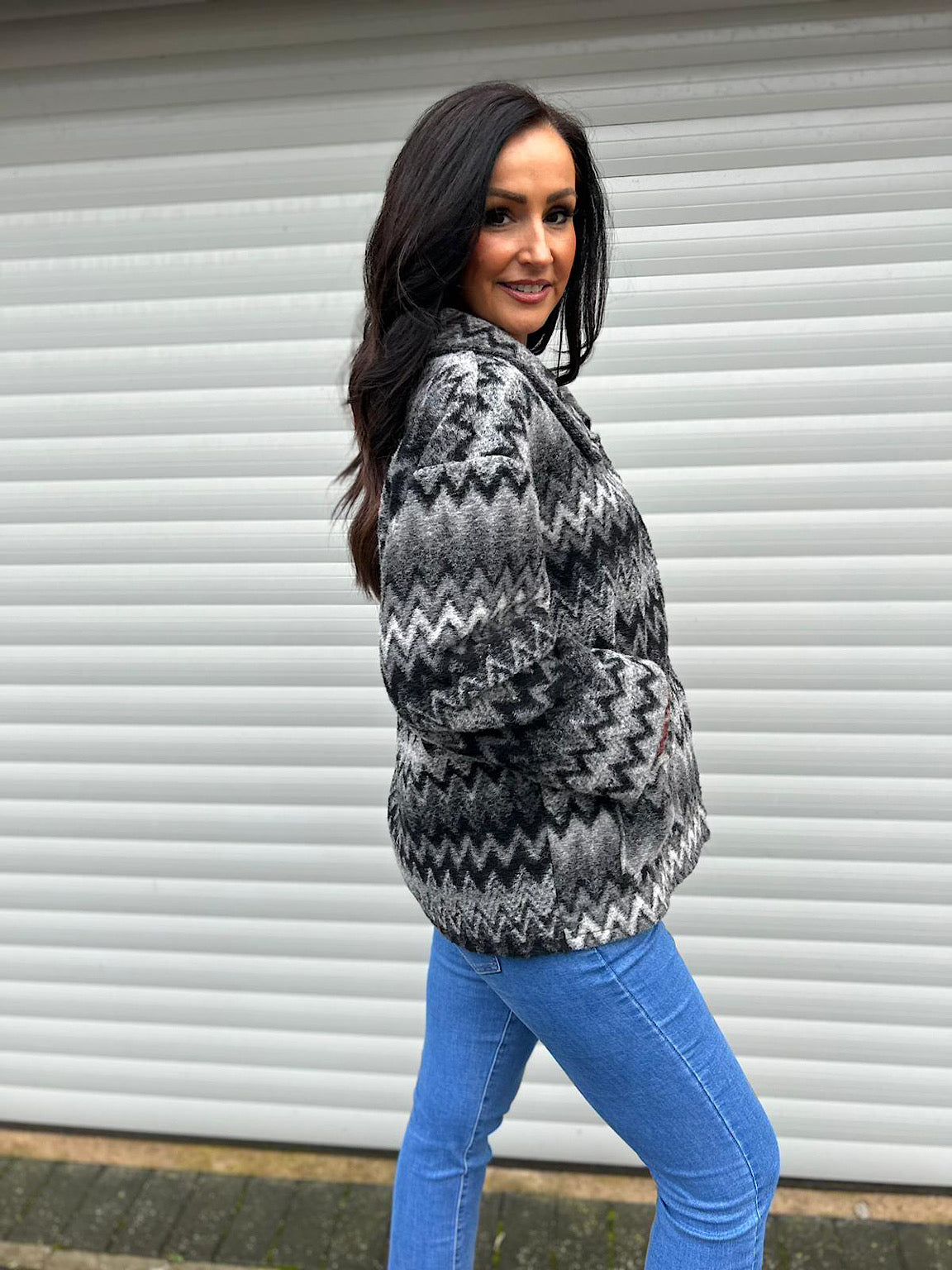 Grey Zig Zag Print Pocket Coat Claudia