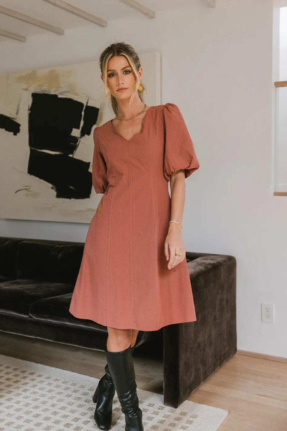 Kaylie Puff Sleeve Dress in Clay - FINAL SALE