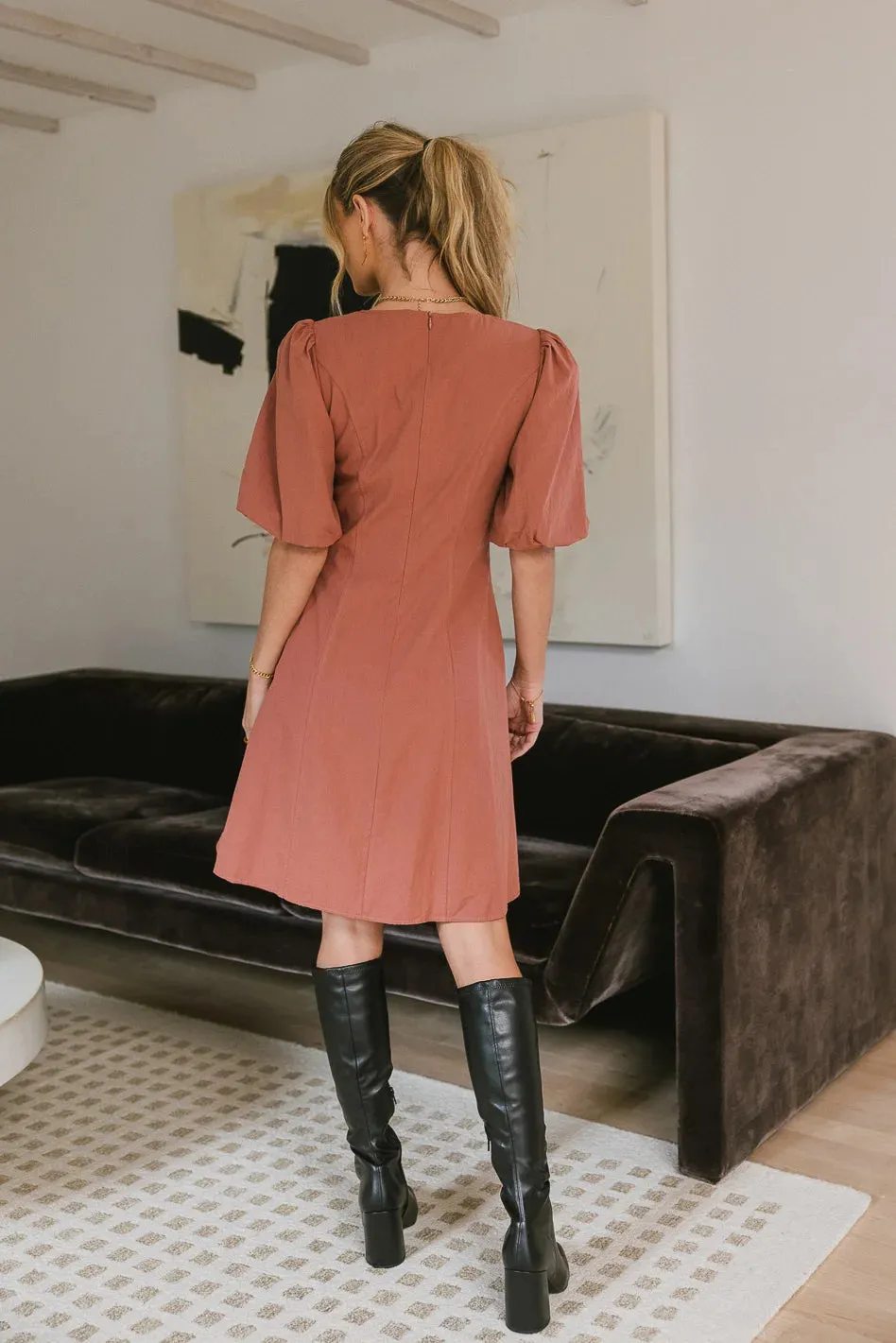 Kaylie Puff Sleeve Dress in Clay - FINAL SALE