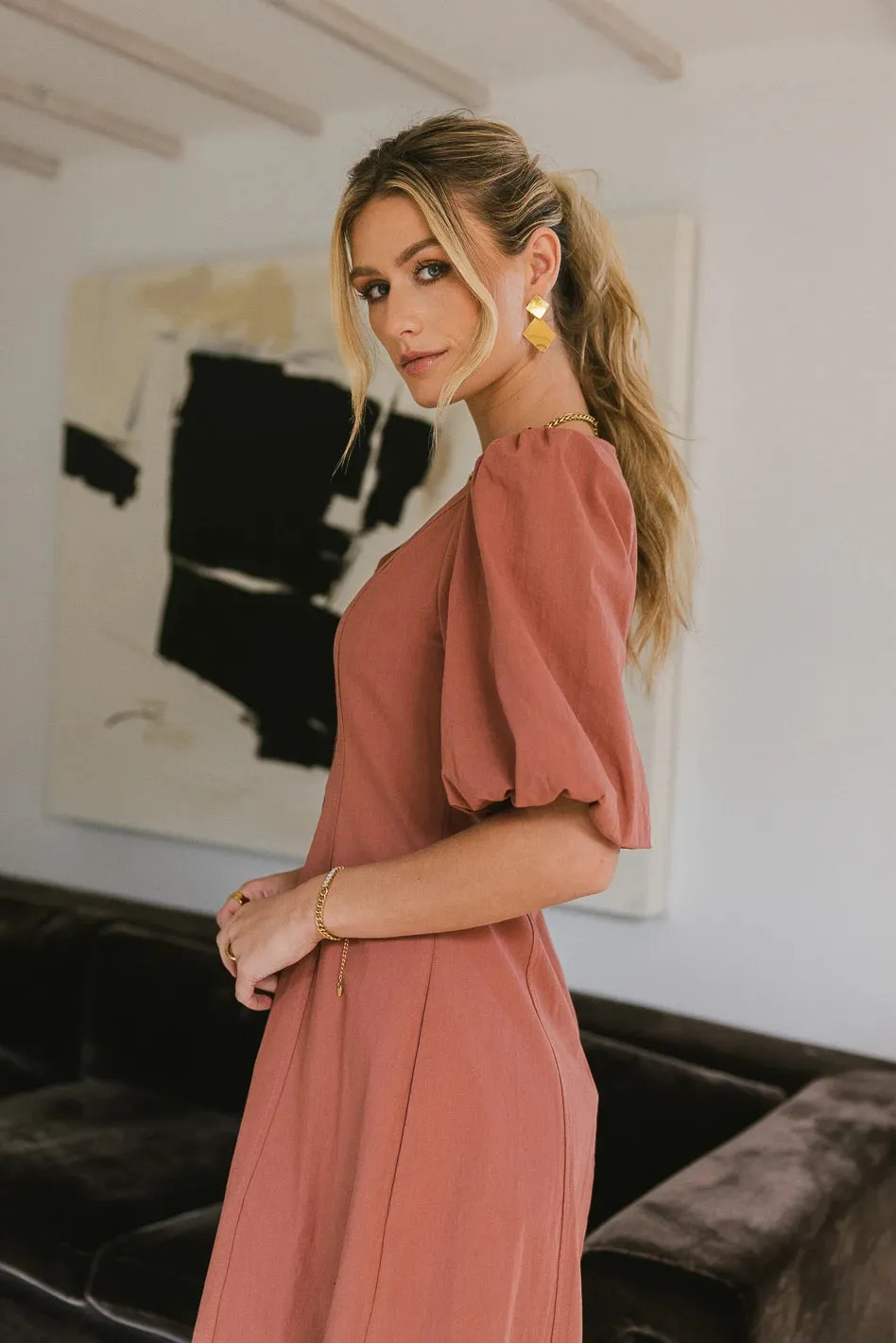 Kaylie Puff Sleeve Dress in Clay - FINAL SALE