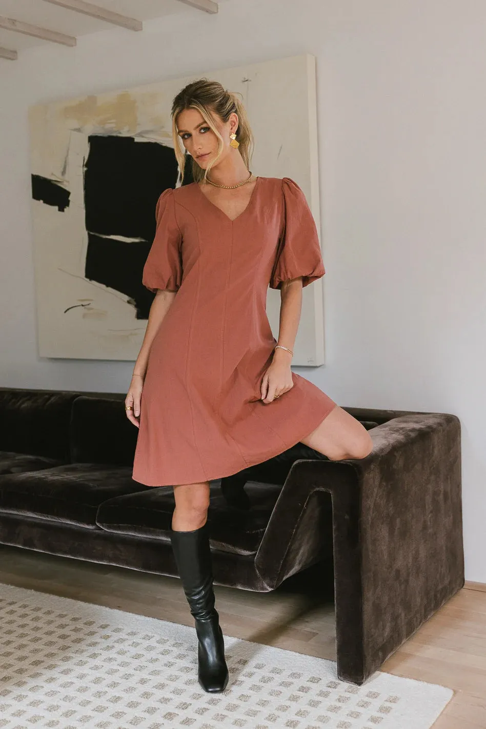 Kaylie Puff Sleeve Dress in Clay - FINAL SALE