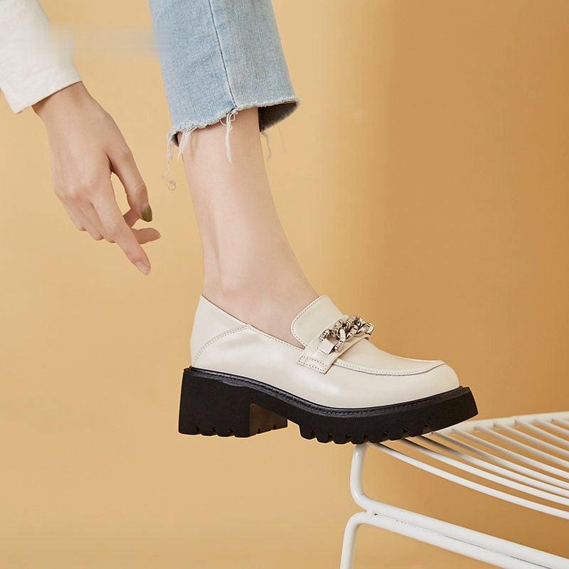 Loafers Platform Round Toe Metal Chain Slip-on Shoes