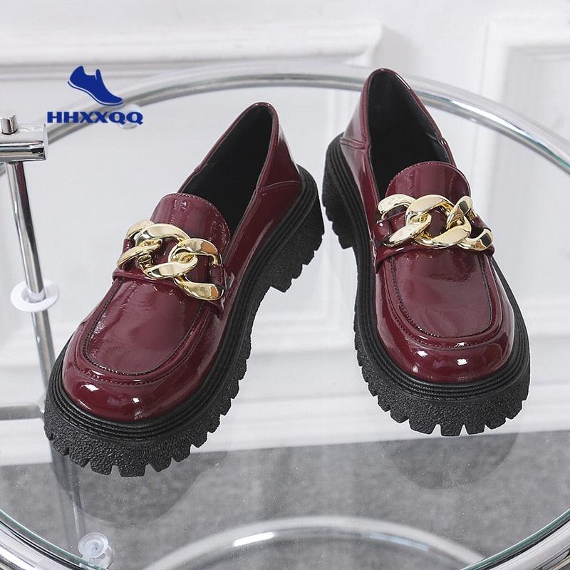 Loafers Platform Round Toe Metal Chain Slip-on Shoes