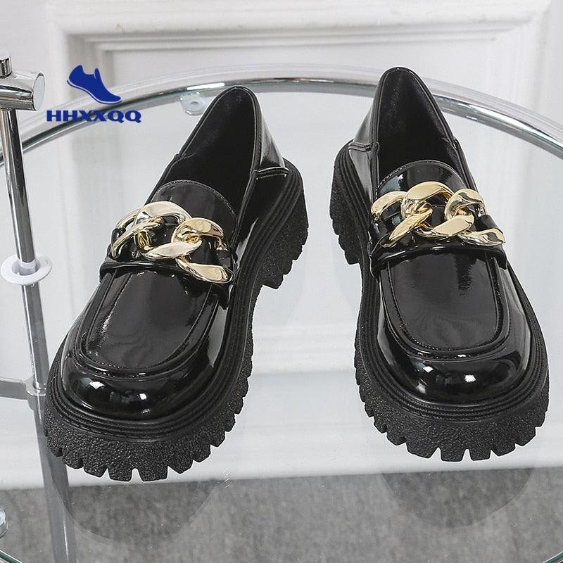 Loafers Platform Round Toe Metal Chain Slip-on Shoes