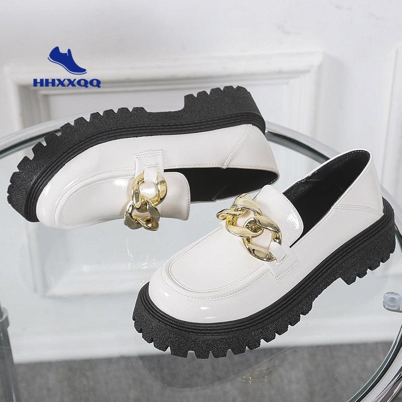 Loafers Platform Round Toe Metal Chain Slip-on Shoes