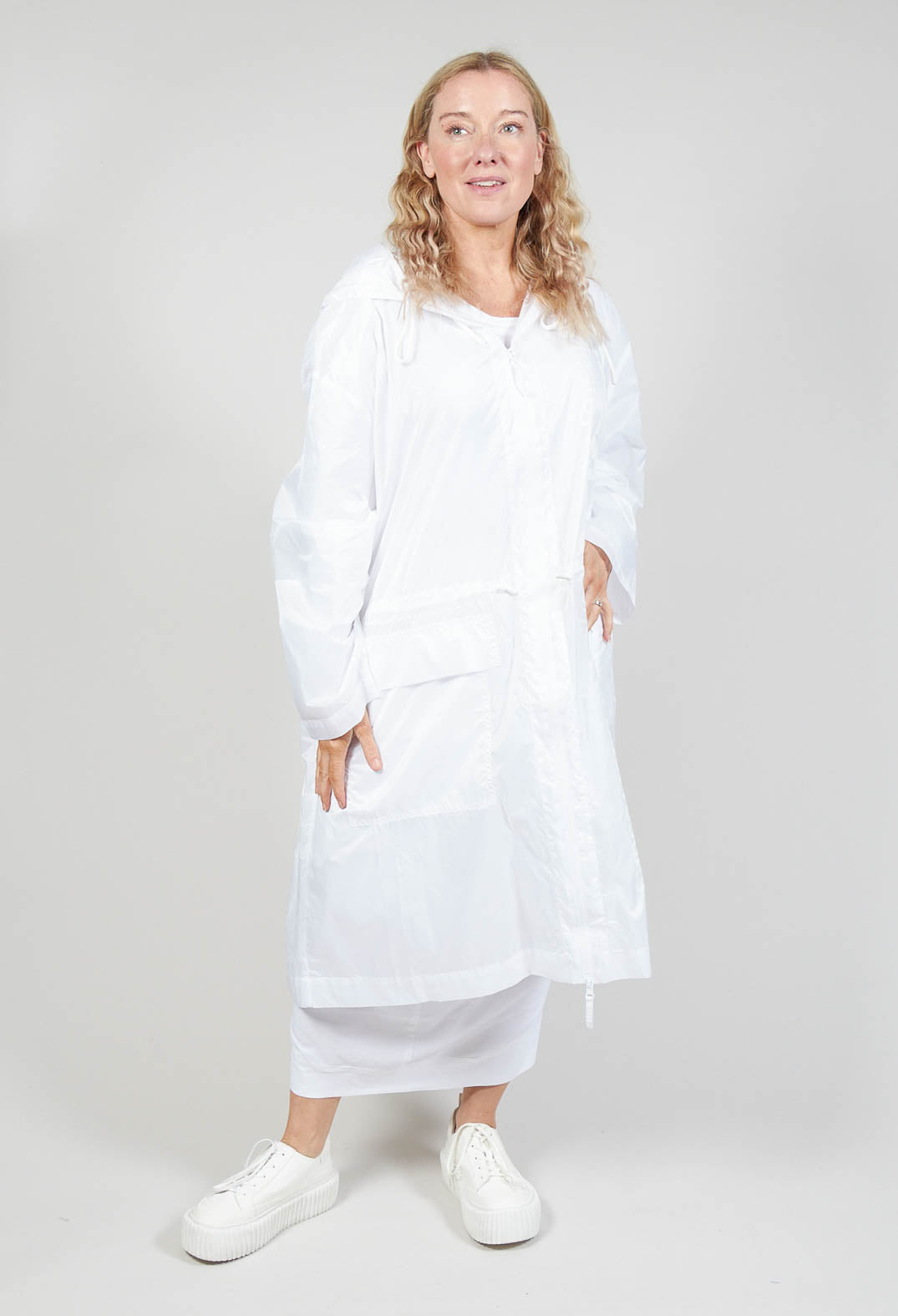 Longline Coat with Hood in White Print