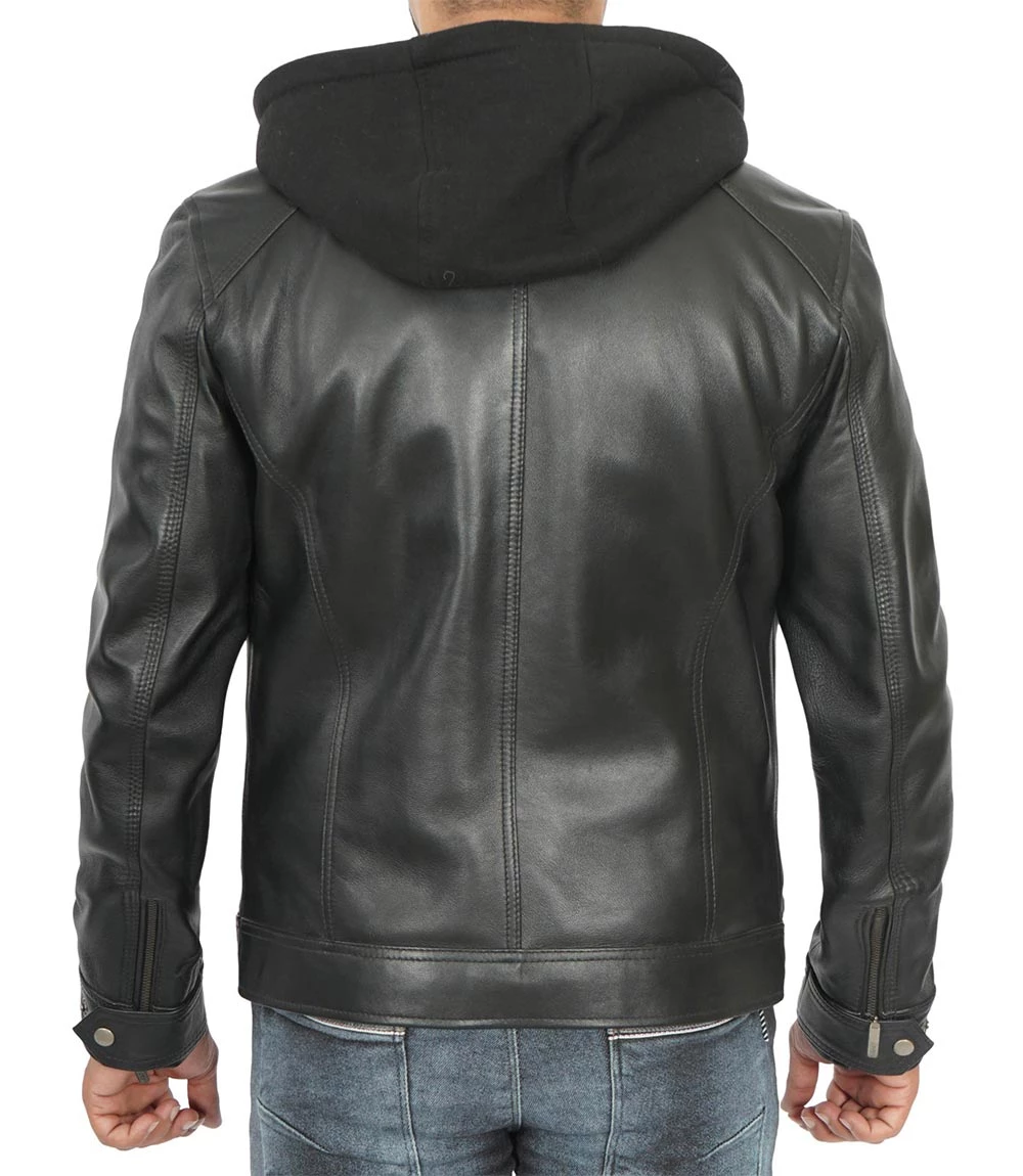 Men Black Leather Racer Jacket with Removable Hoodie