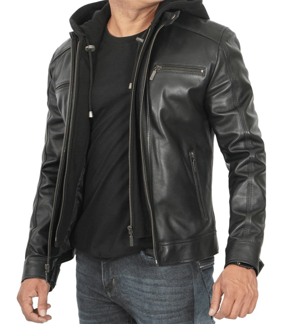 Men Black Leather Racer Jacket with Removable Hoodie