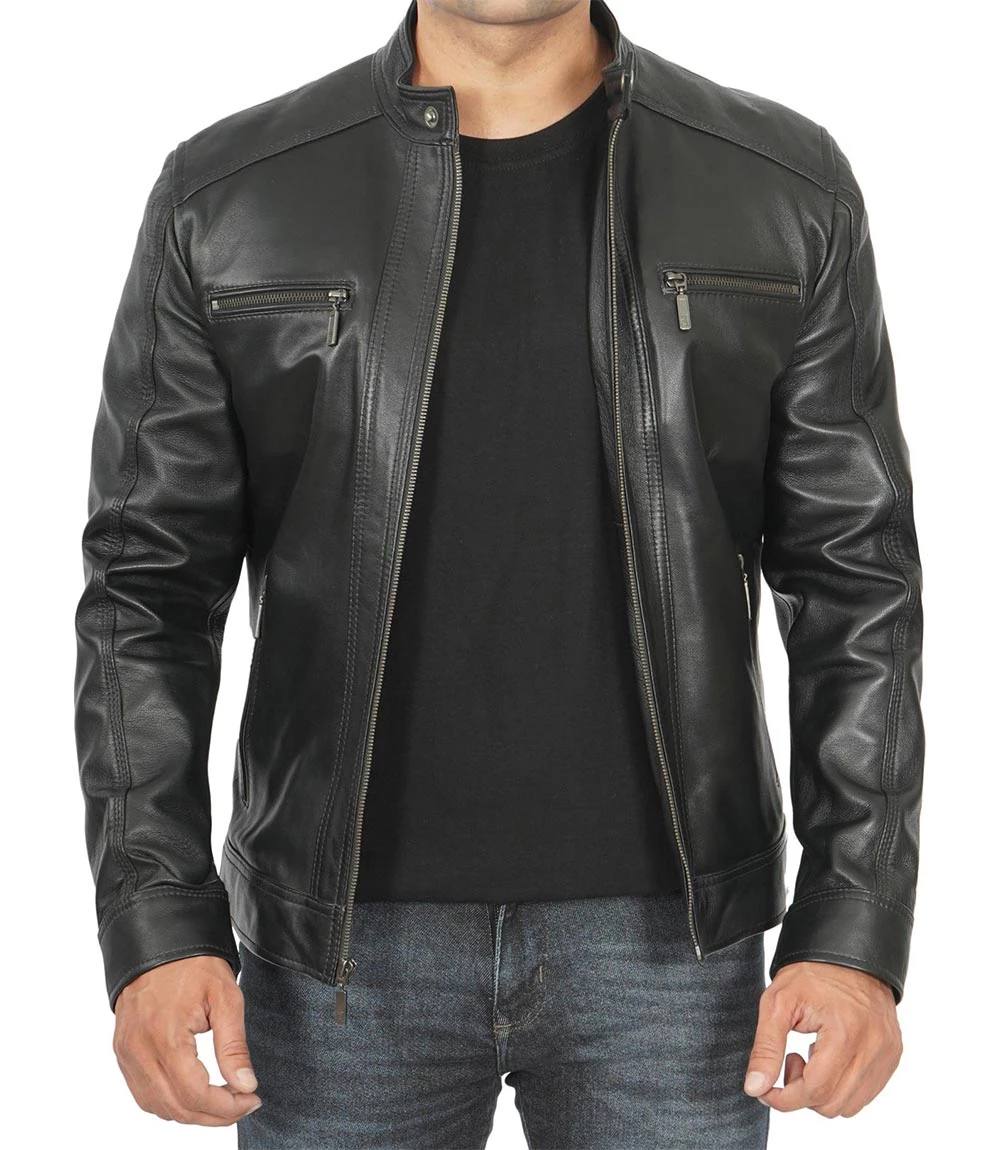 Men Black Leather Racer Jacket with Removable Hoodie