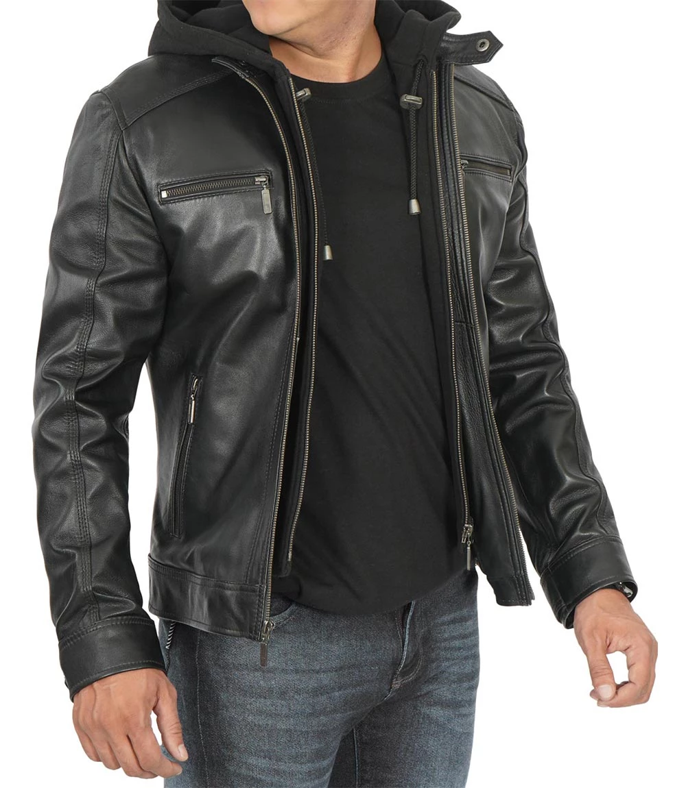 Men Black Leather Racer Jacket with Removable Hoodie