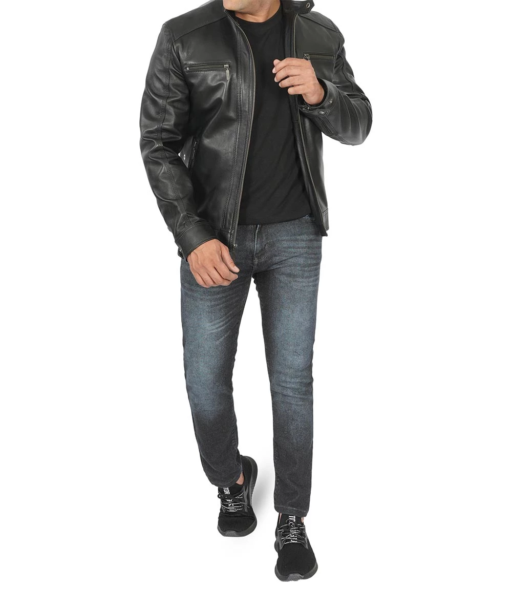 Men Black Leather Racer Jacket with Removable Hoodie