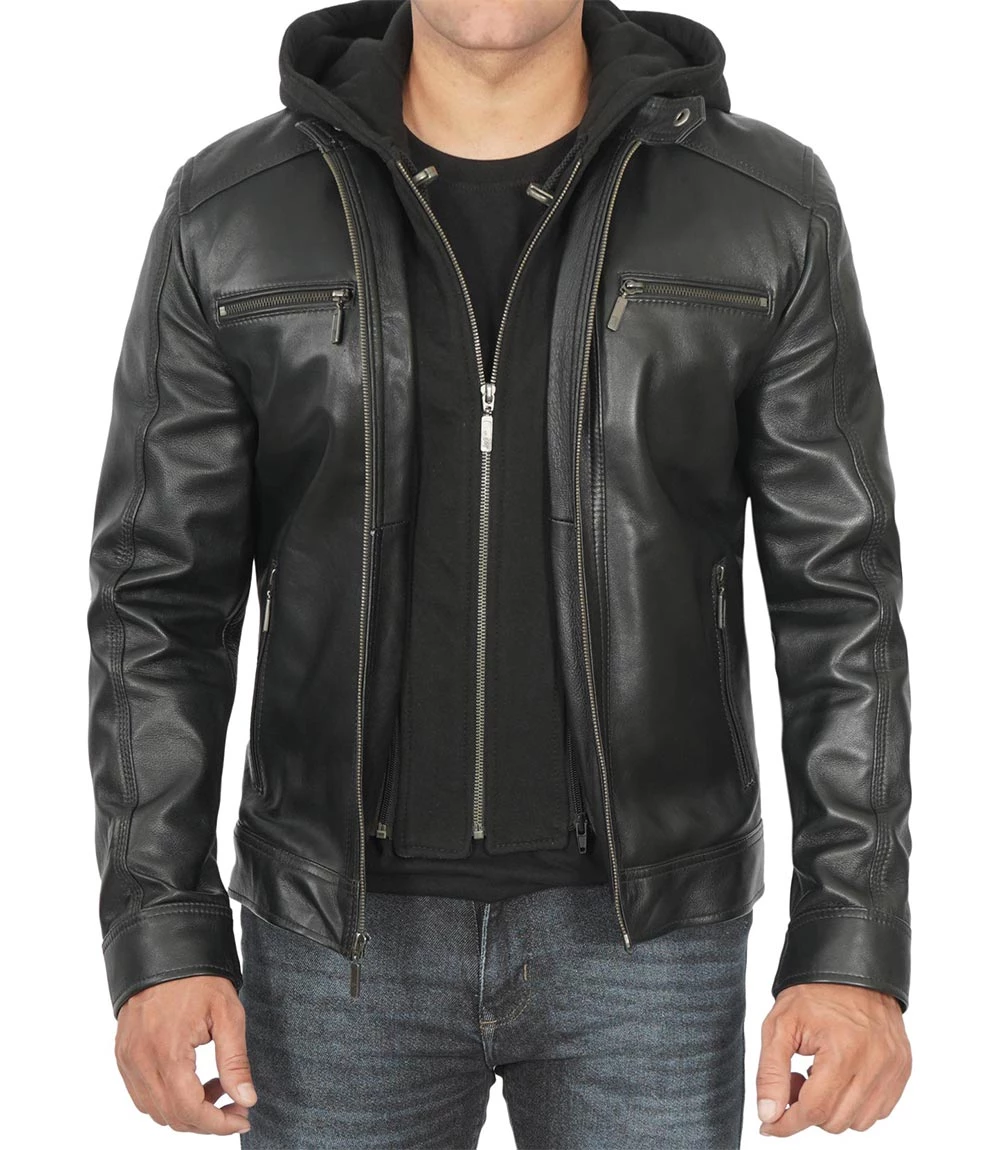 Men Black Leather Racer Jacket with Removable Hoodie