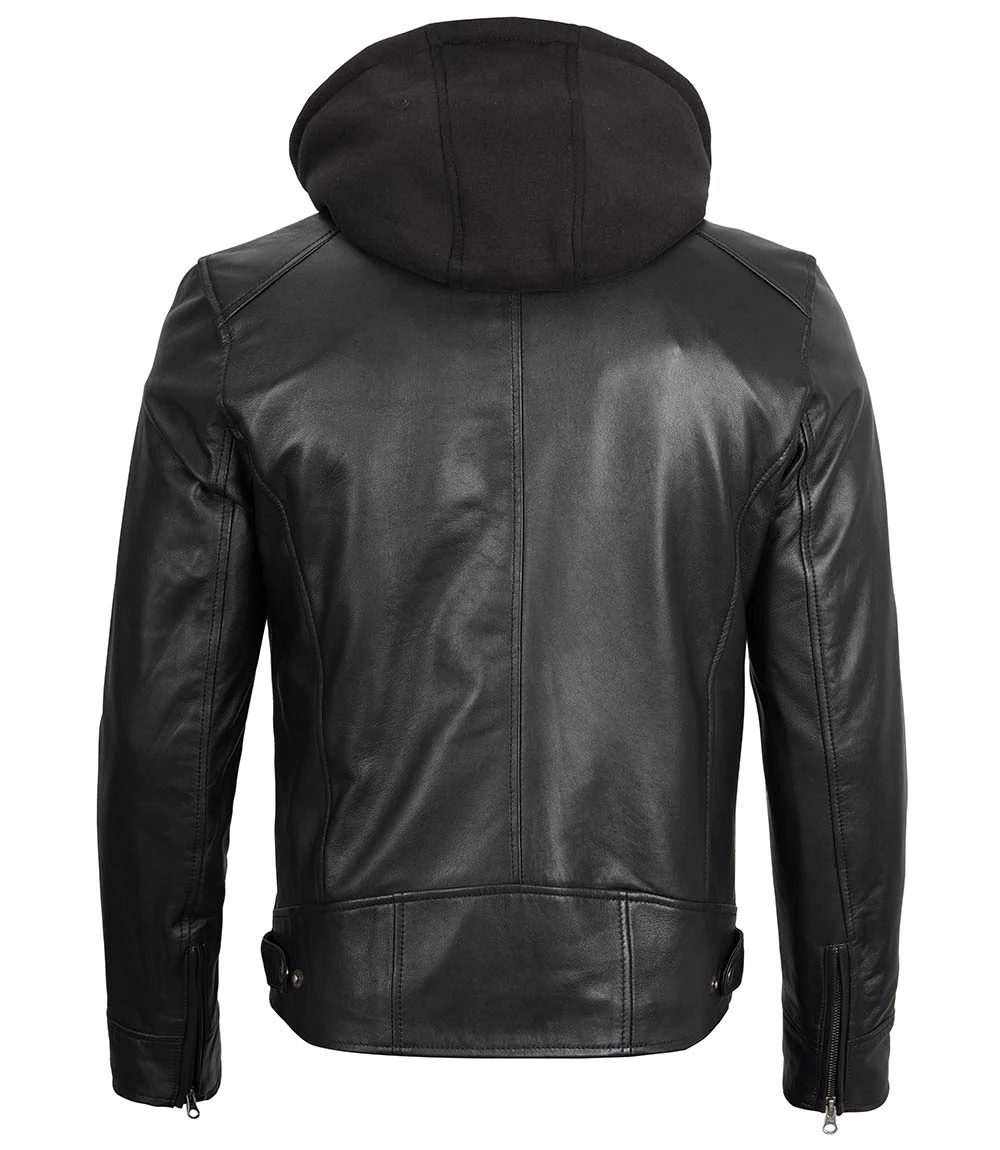 Men's Black Leather Jacket with Removable Hoodie