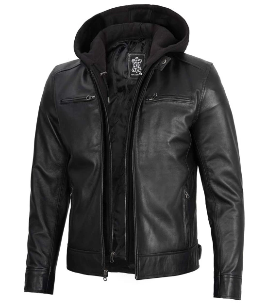 Men's Black Leather Jacket with Removable Hoodie