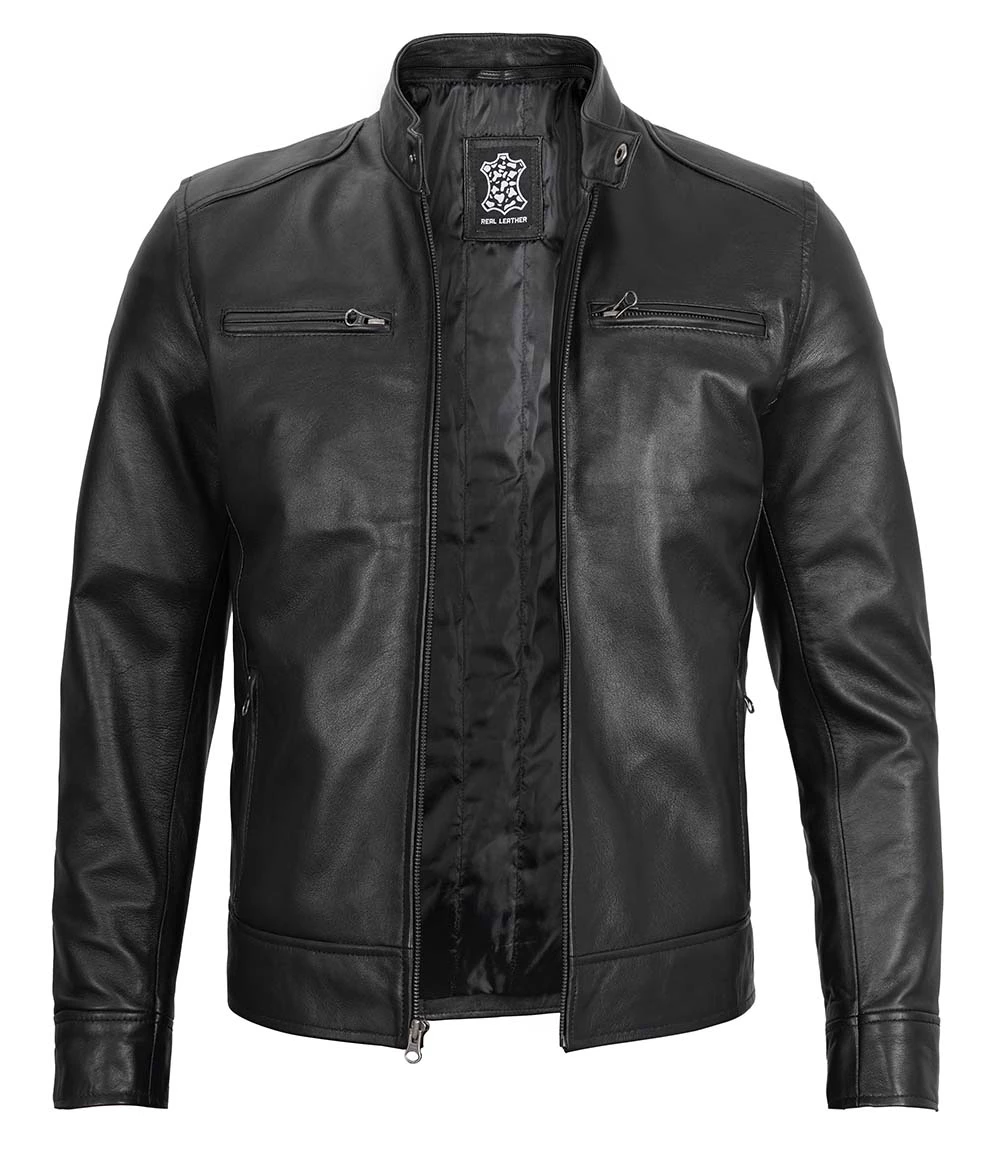 Men's Black Leather Jacket with Removable Hoodie