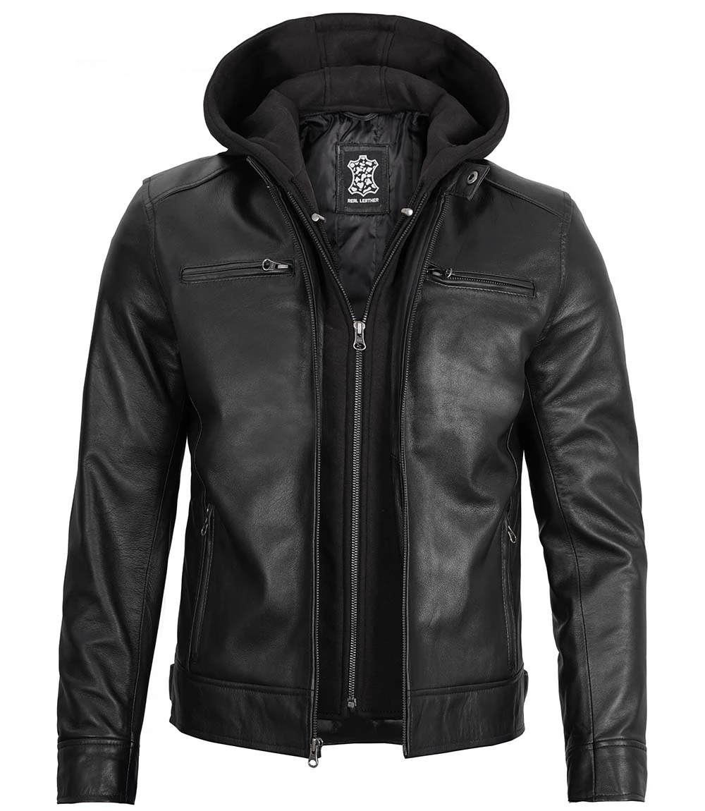 Men's Black Leather Jacket with Removable Hoodie