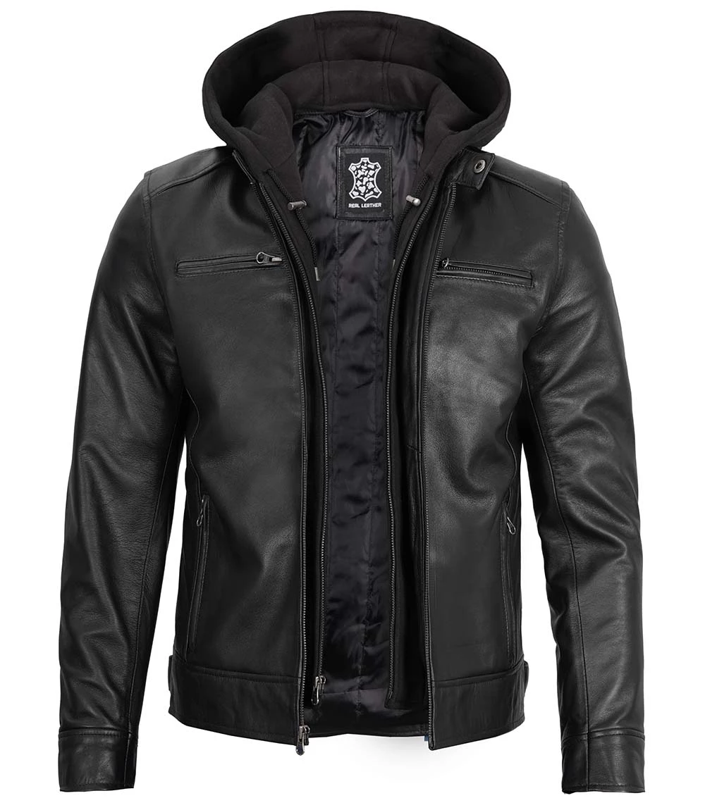 Men's Black Leather Jacket with Removable Hoodie