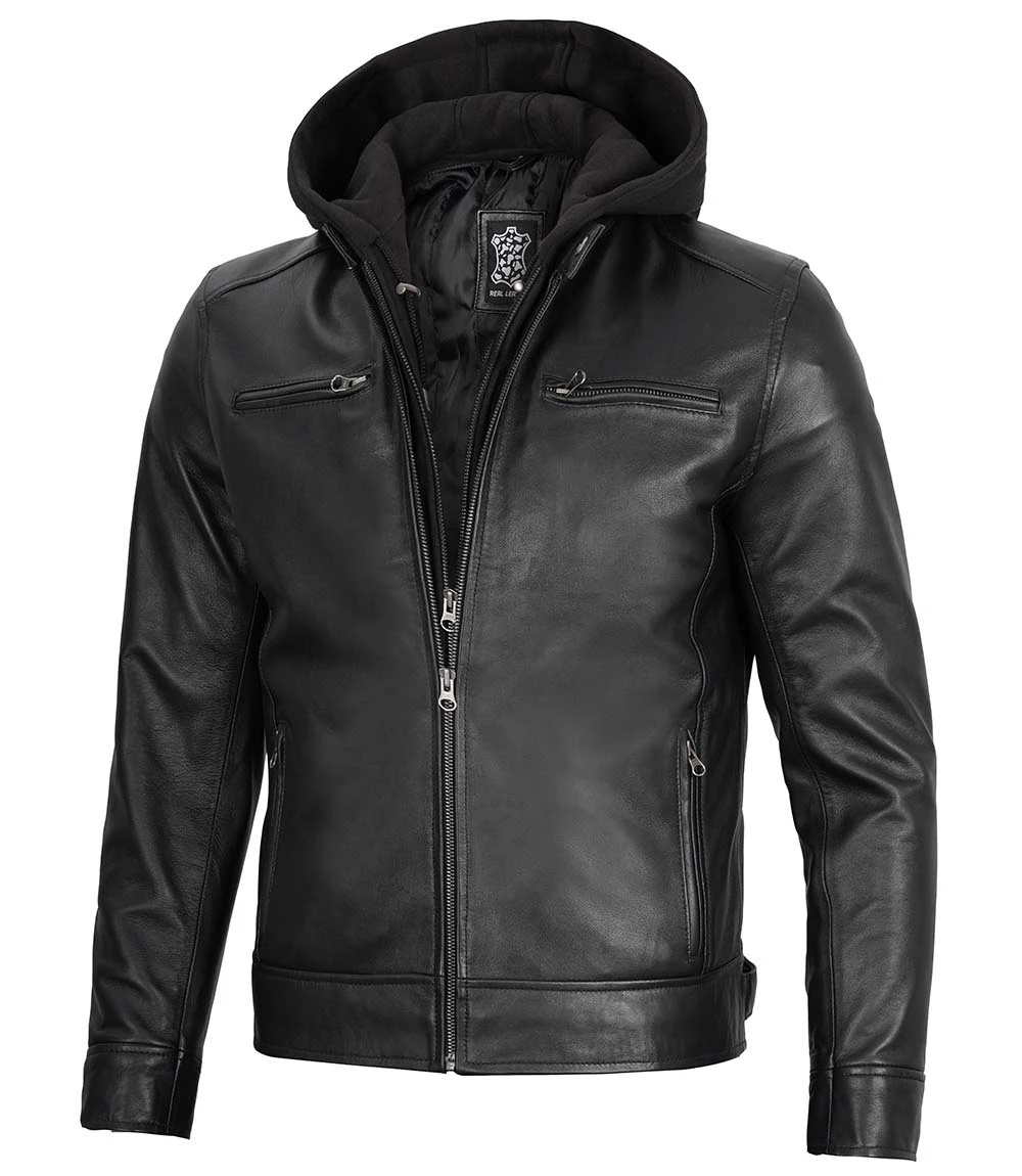 Men's Black Leather Jacket with Removable Hoodie