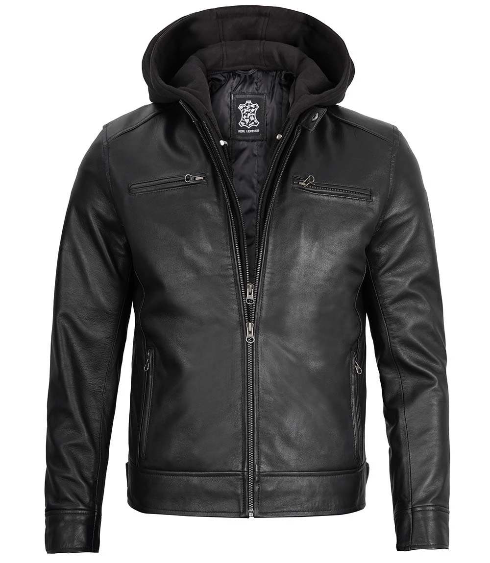 Men's Black Leather Jacket with Removable Hoodie