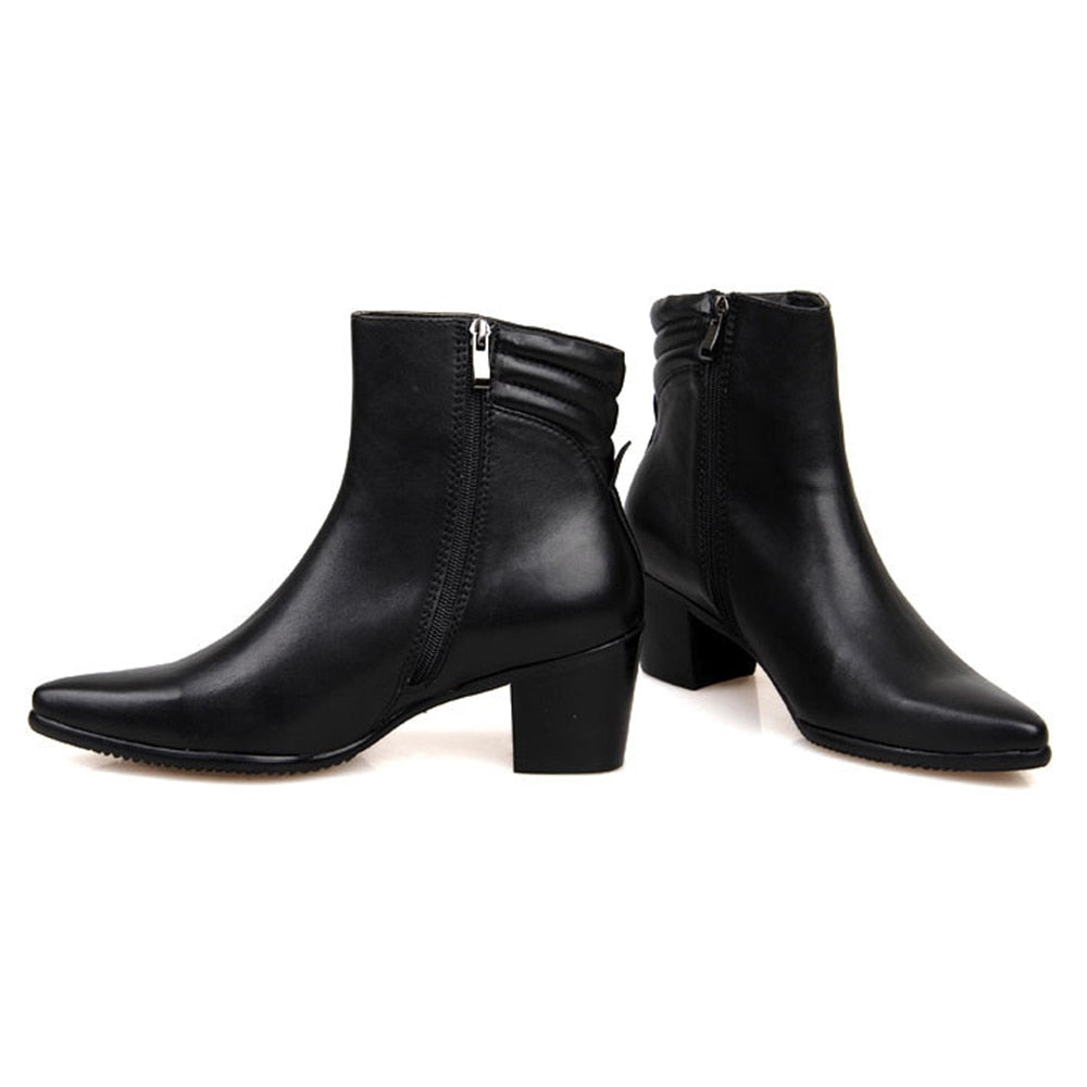 Men's Black British Style Pointed Toe Genuine Leather Ankle Boots