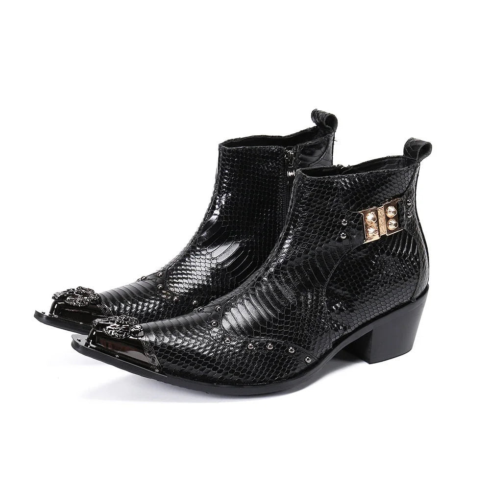 Men's British Style Black Pointed Toe Western Cowboy Ankle Boots